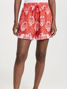 Figue Red Floral Elastic-Waist Silk Shorts with Pink Trim